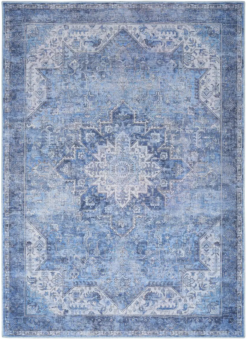 Blue Floral Power Loom Worn Faded Non Skid Area Rug Photo 8
