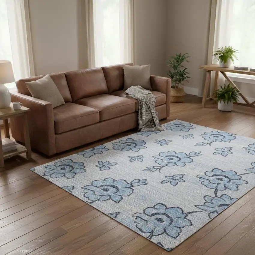 Blue Floral Power Loom Worn Faded Non Skid Area Rug Photo 1