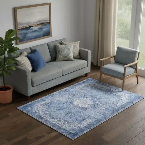 Blue Floral Power Loom Worn Faded Non Skid Area Rug Photo 1