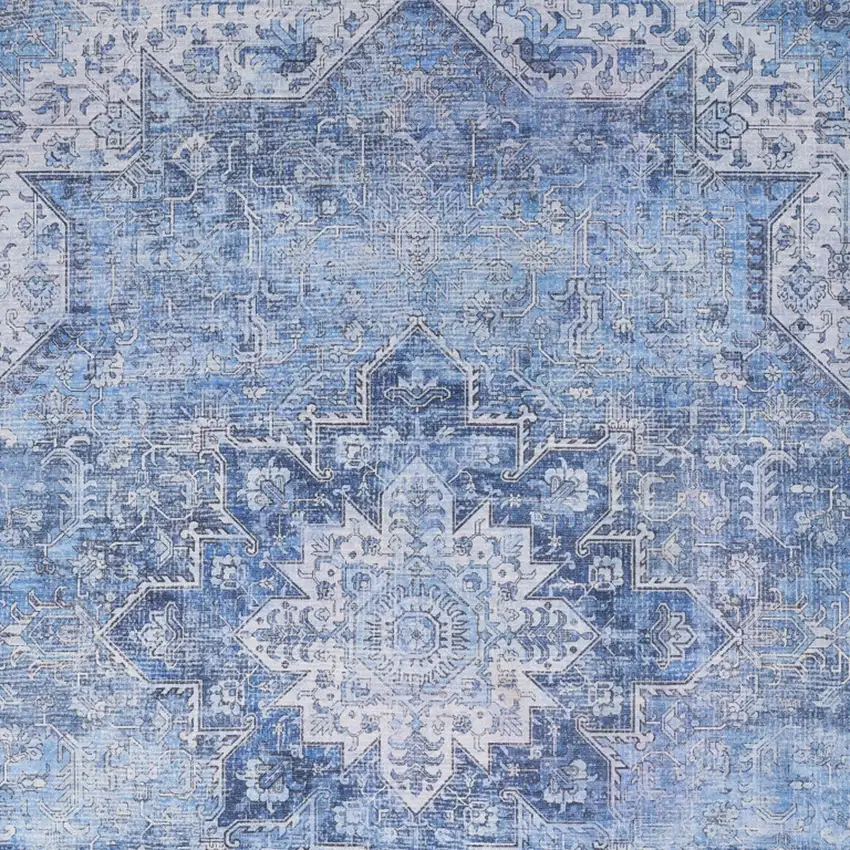 Blue Floral Power Loom Worn Faded Non Skid Area Rug Photo 8