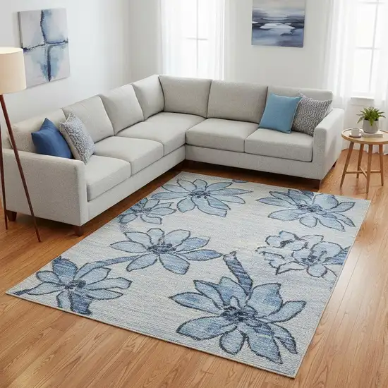 Blue Floral Power Loom Worn Faded Non Skid Area Rug Photo 1