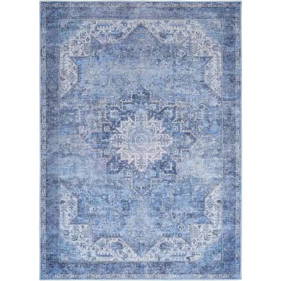 Blue Floral Power Loom Worn Faded Non Skid Area Rug Photo 8
