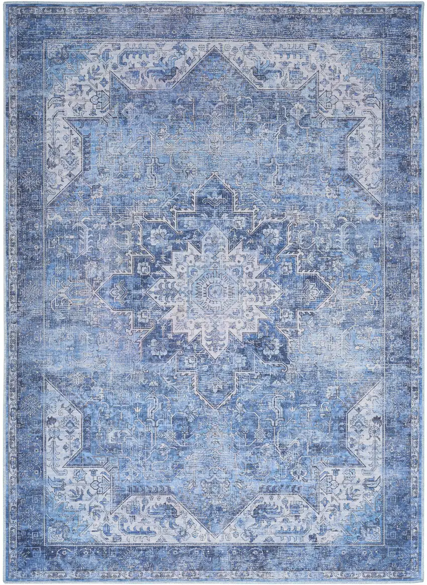 Blue Floral Power Loom Worn Faded Non Skid Area Rug Photo 8