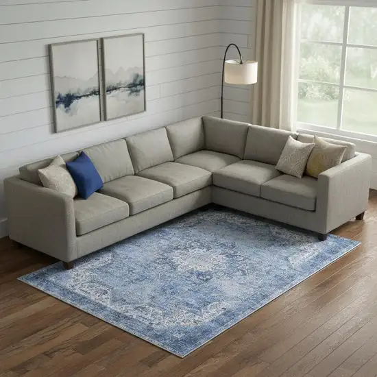 Blue Floral Power Loom Worn Faded Non Skid Area Rug Photo 1