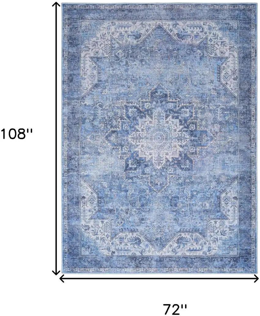 Blue Floral Power Loom Worn Faded Non Skid Area Rug Photo 3
