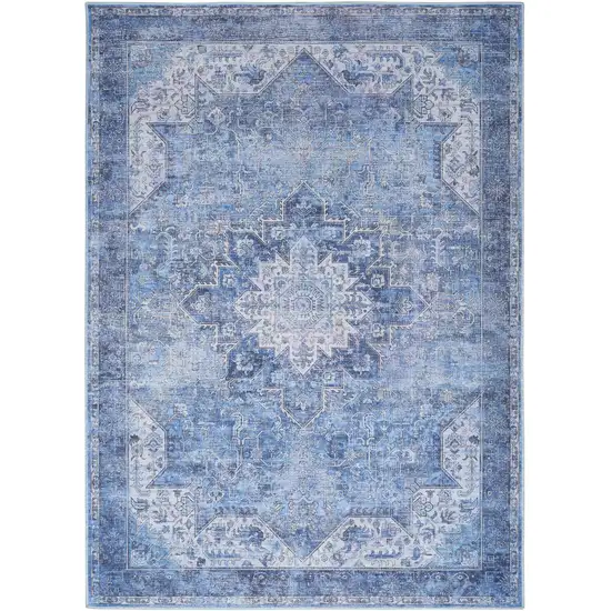 Blue Floral Power Loom Worn Faded Non Skid Area Rug Photo 2