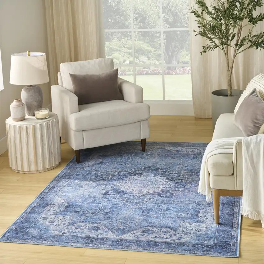 Blue Floral Power Loom Worn Faded Non Skid Area Rug Photo 5