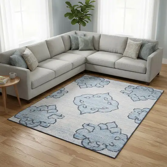 Blue Floral Power Loom Worn Faded Non Skid Area Rug Photo 1