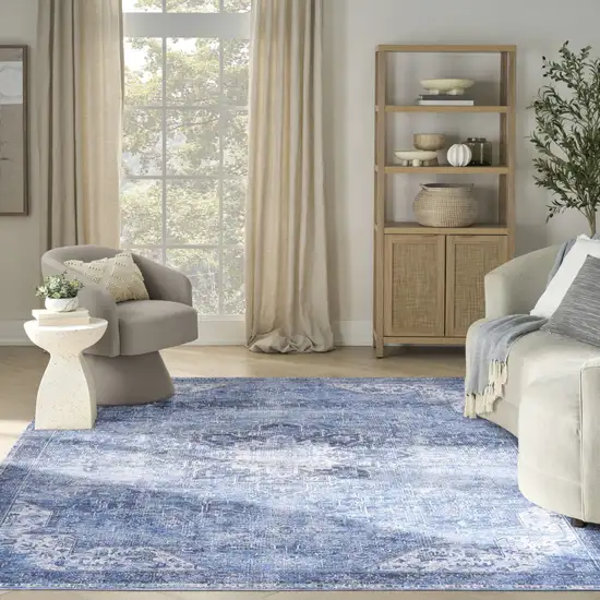 Blue Floral Power Loom Worn Faded Non Skid Area Rug Photo 7