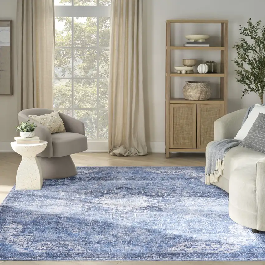 Blue Floral Power Loom Worn Faded Non Skid Area Rug Photo 7