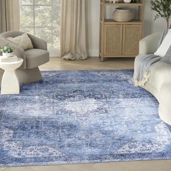 Blue Floral Power Loom Worn Faded Non Skid Area Rug Photo 5