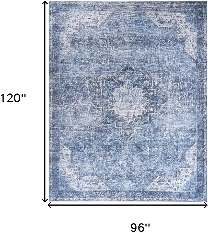 Blue Floral Power Loom Worn Faded Non Skid Area Rug Photo 3