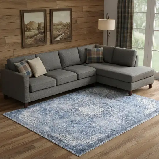 Blue Floral Power Loom Worn Faded Non Skid Area Rug Photo 1