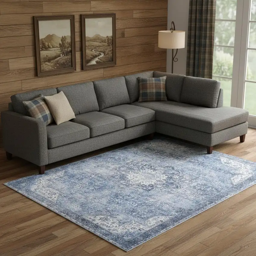 Blue Floral Power Loom Worn Faded Non Skid Area Rug Photo 1