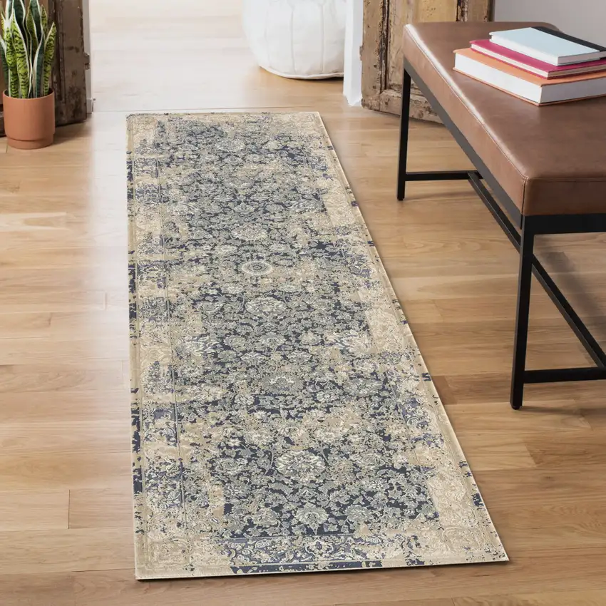 7' Blue Floral Runner Rug Photo 9