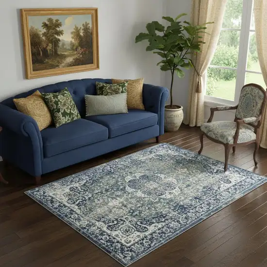 Blue Floral Stain Resistant Area Rug Photo 1