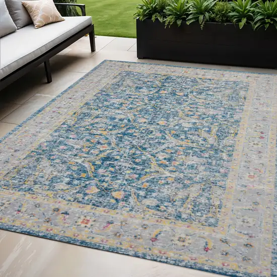 Blue Floral Stain Resistant Indoor Outdoor Area Rug Photo 1