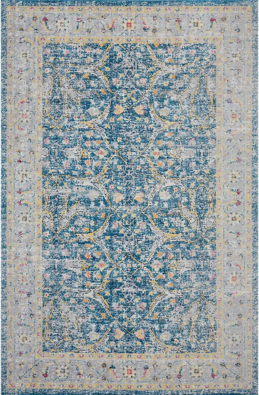 Blue Floral Stain Resistant Indoor Outdoor Area Rug Photo 1