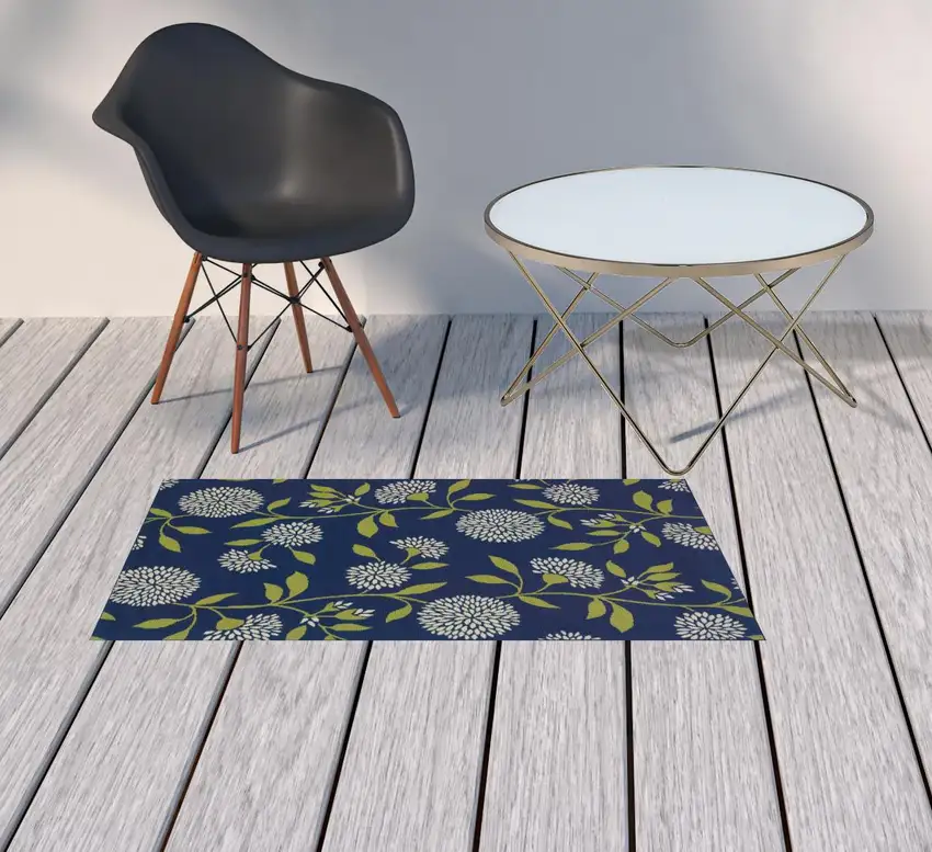 Blue Floral Stain Resistant Indoor Outdoor Area Rug Photo 2