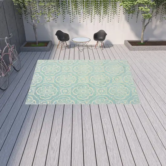 Blue Floral Stain Resistant Indoor Outdoor Area Rug Photo 2
