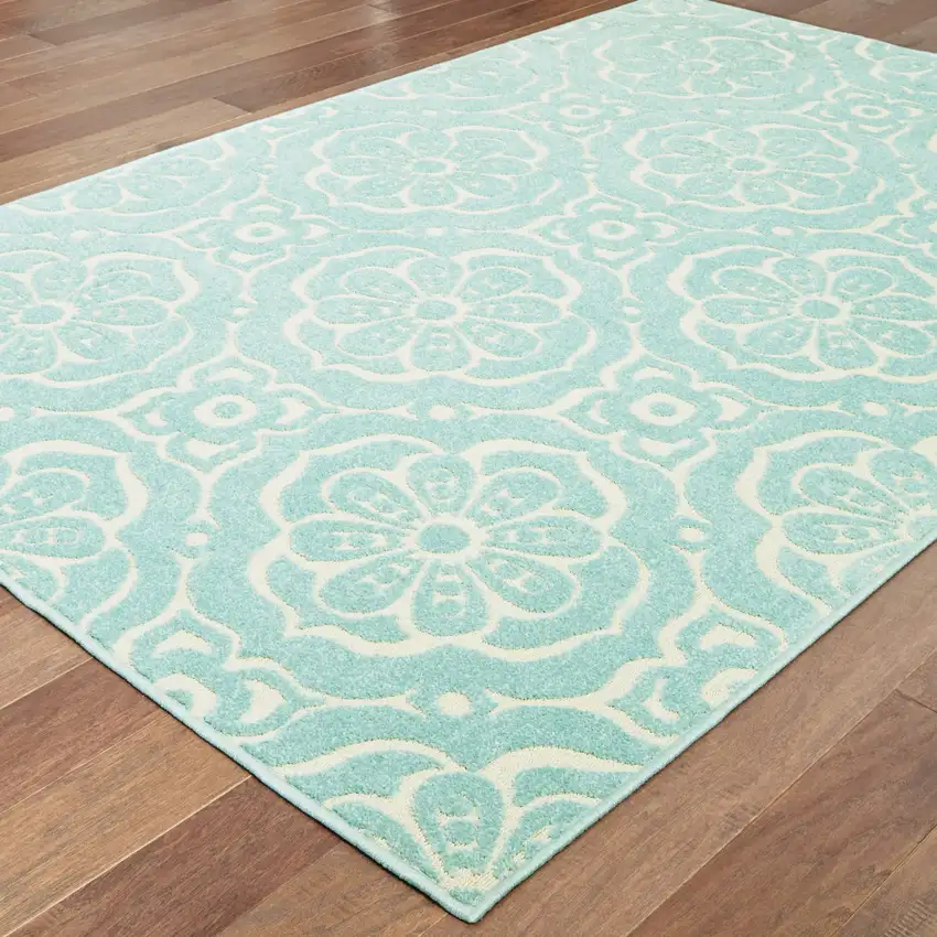 Blue Floral Stain Resistant Indoor Outdoor Area Rug Photo 4
