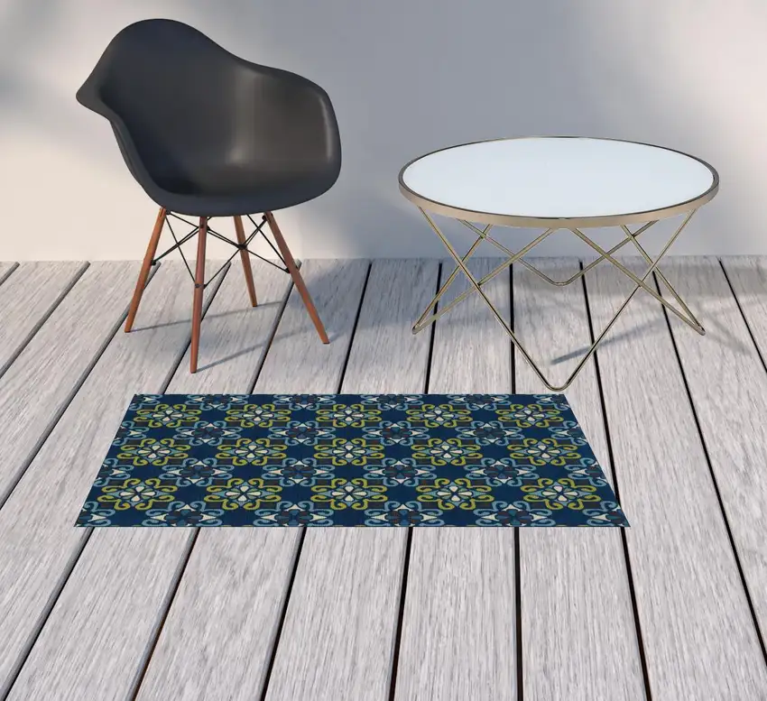 Blue Floral Stain Resistant Indoor Outdoor Area Rug Photo 2