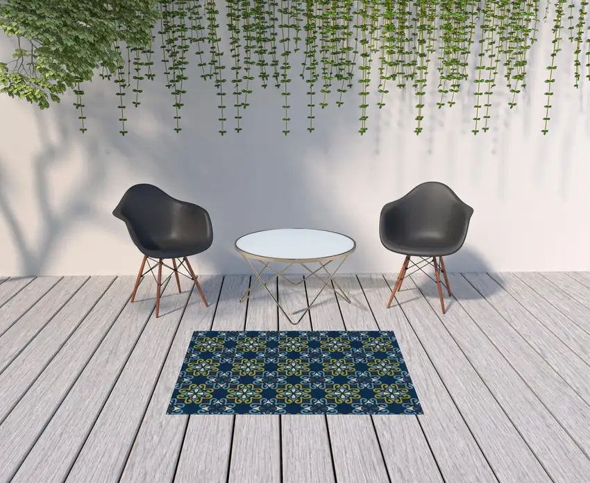Blue Floral Stain Resistant Indoor Outdoor Area Rug Photo 2