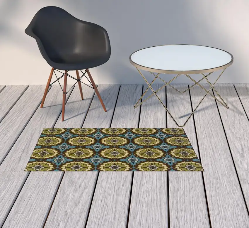 Blue Floral Stain Resistant Indoor Outdoor Area Rug Photo 2