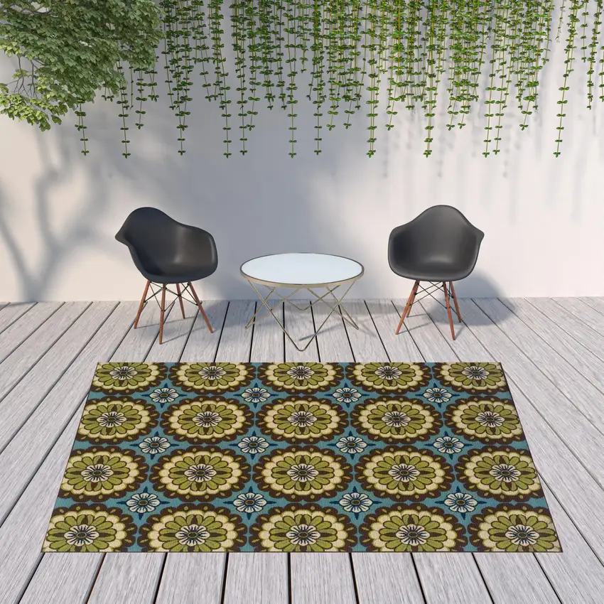 Blue Floral Stain Resistant Indoor Outdoor Area Rug Photo 2