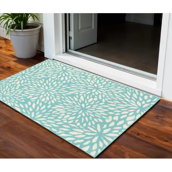 Blue and Ivory Floral Stain Resistant Indoor Outdoor Area Rug Photo 1