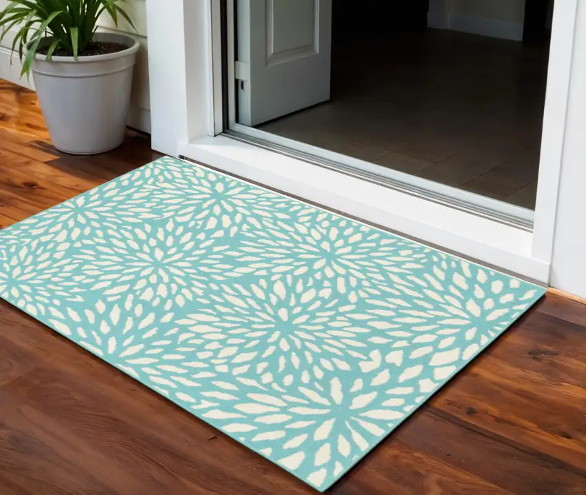 Blue and Ivory Floral Stain Resistant Indoor Outdoor Area Rug Photo 1