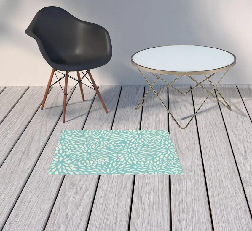 Blue Floral Stain Resistant Indoor Outdoor Area Rug Photo 2