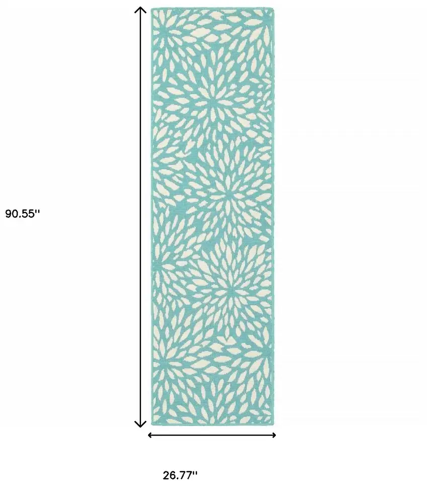 Blue and Ivory Floral Stain Resistant Indoor Outdoor Area Rug Photo 3