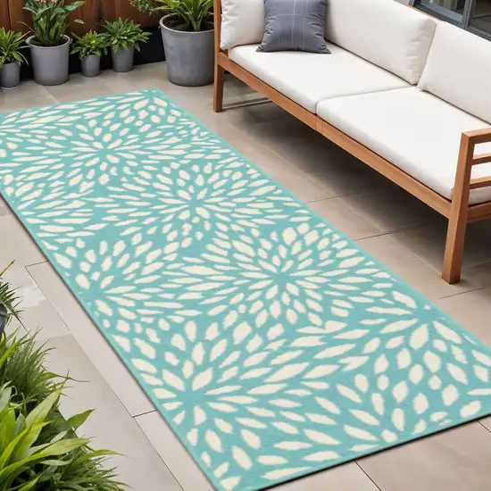 Blue and Ivory Floral Stain Resistant Indoor Outdoor Area Rug Photo 1