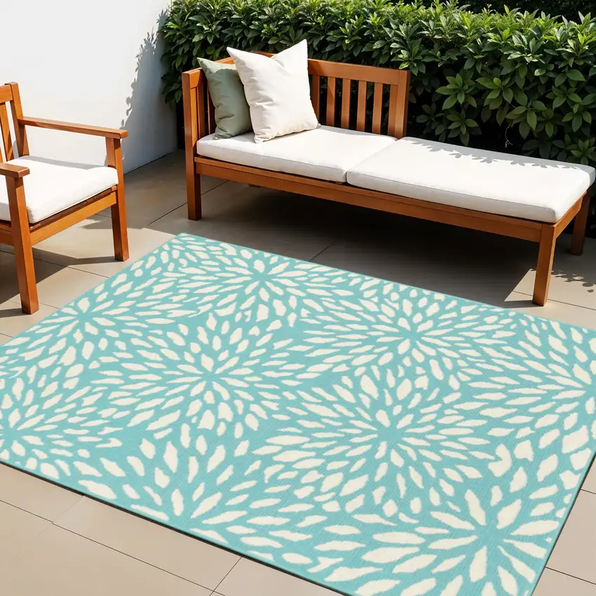 Blue and Ivory Floral Stain Resistant Indoor Outdoor Area Rug Photo 1