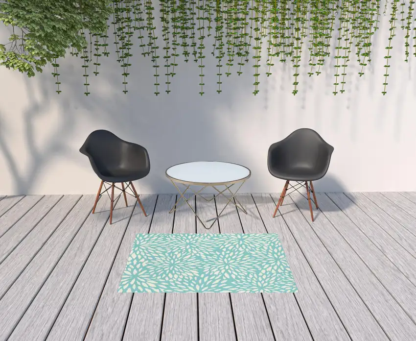 Blue Floral Stain Resistant Indoor Outdoor Area Rug Photo 2
