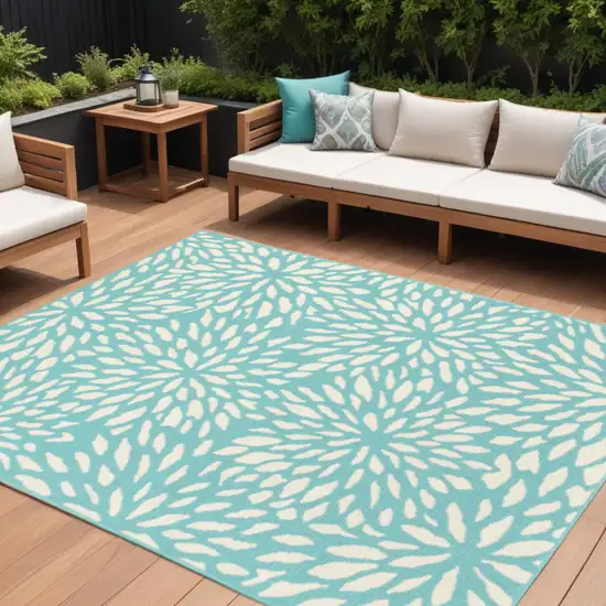 Blue and Ivory Floral Stain Resistant Indoor Outdoor Area Rug Photo 1