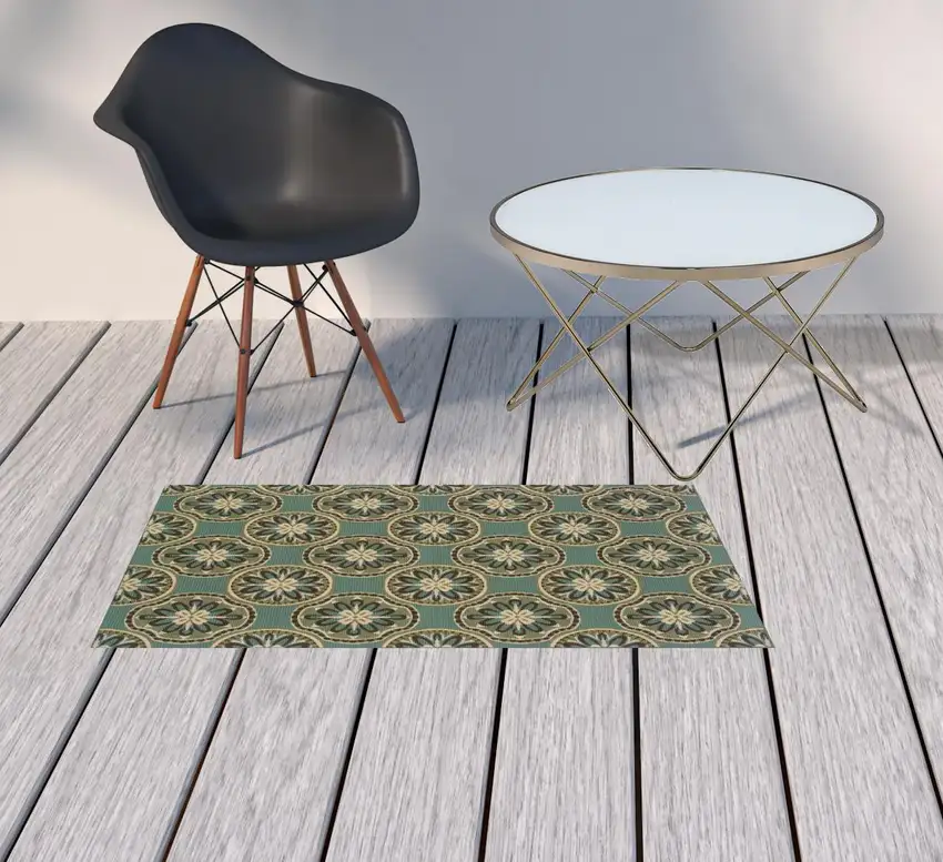 Blue Floral Stain Resistant Indoor Outdoor Area Rug Photo 2