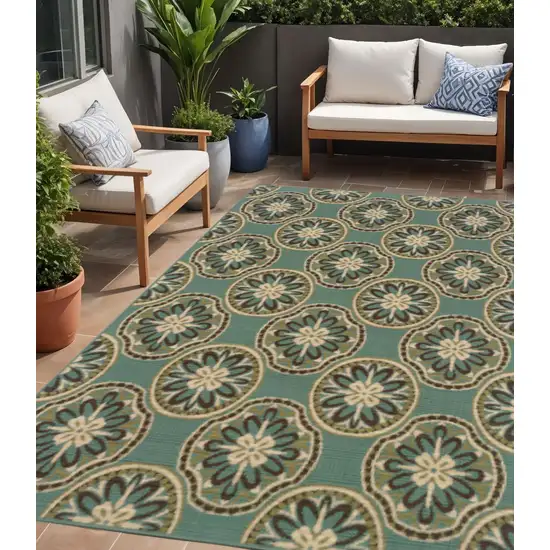Blue and Ivory Floral Stain Resistant Indoor Outdoor Area Rug Photo 1