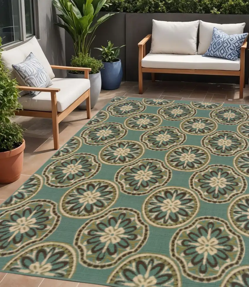 Blue and Ivory Floral Stain Resistant Indoor Outdoor Area Rug Photo 1