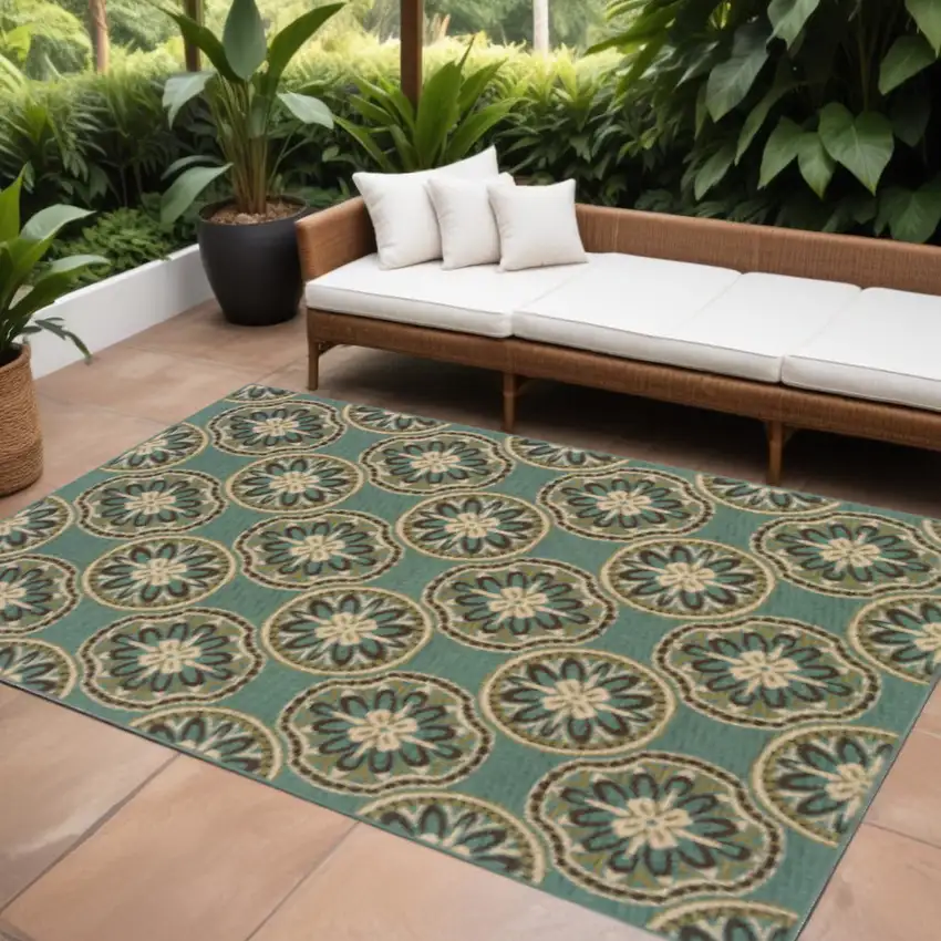 Blue and Ivory Floral Stain Resistant Indoor Outdoor Area Rug Photo 1
