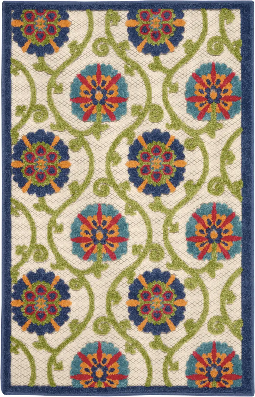 Ivory And Blue Floral Indoor Outdoor Area Rug Photo 1