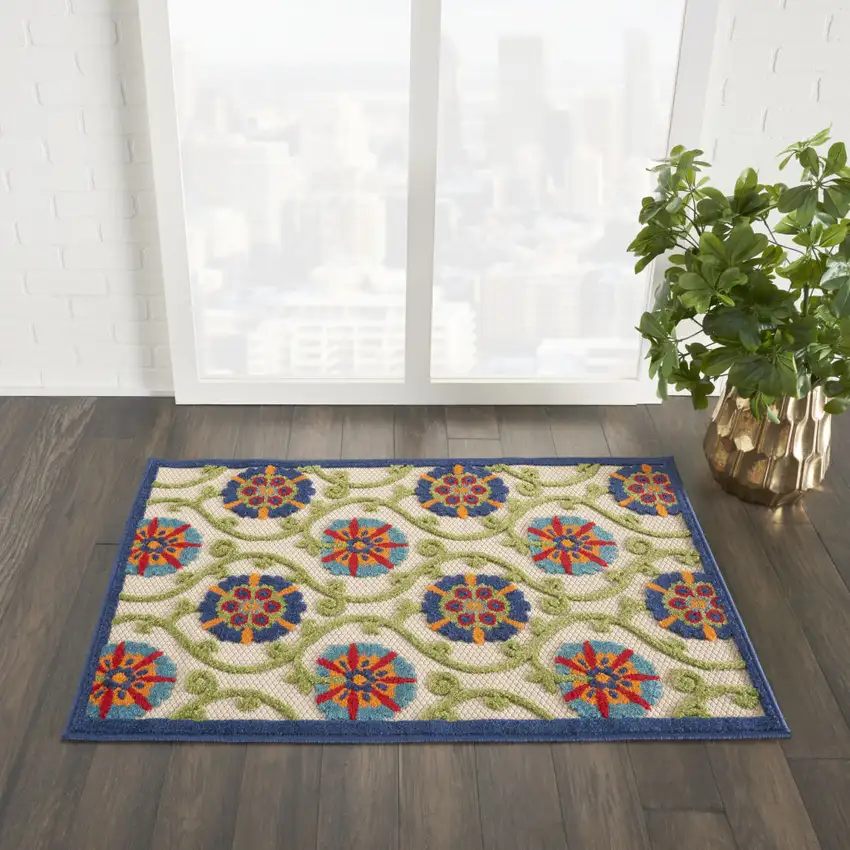 Ivory And Blue Indoor Outdoor Area Rug Photo 6