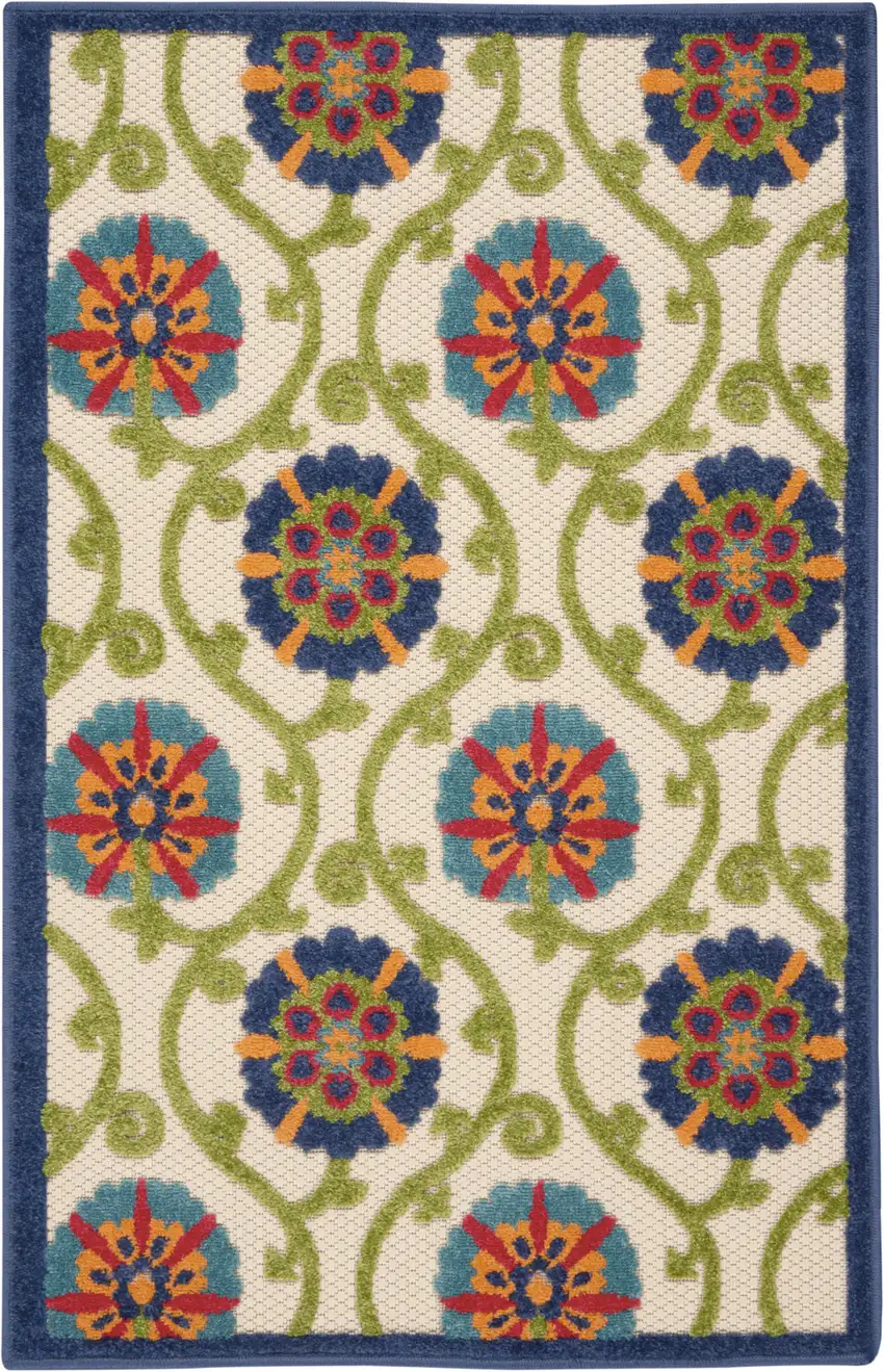 Ivory And Blue Floral Indoor Outdoor Area Rug Photo 6