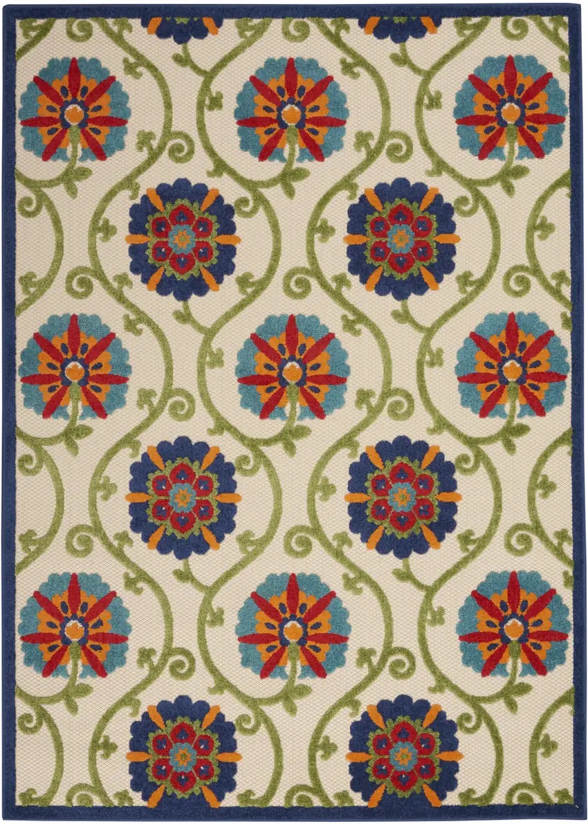 Ivory And Blue Floral Indoor Outdoor Area Rug Photo 1