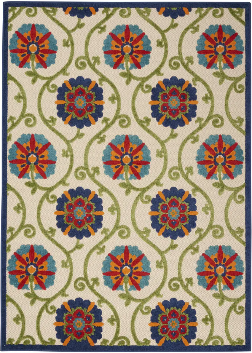 Ivory And Blue Floral Indoor Outdoor Area Rug Photo 7