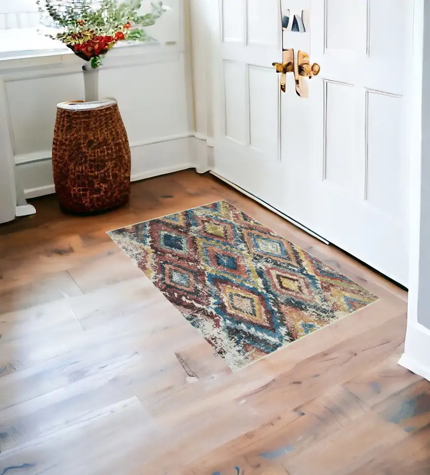 Blue Geometric Distressed Area Rug With Fringe Photo 1