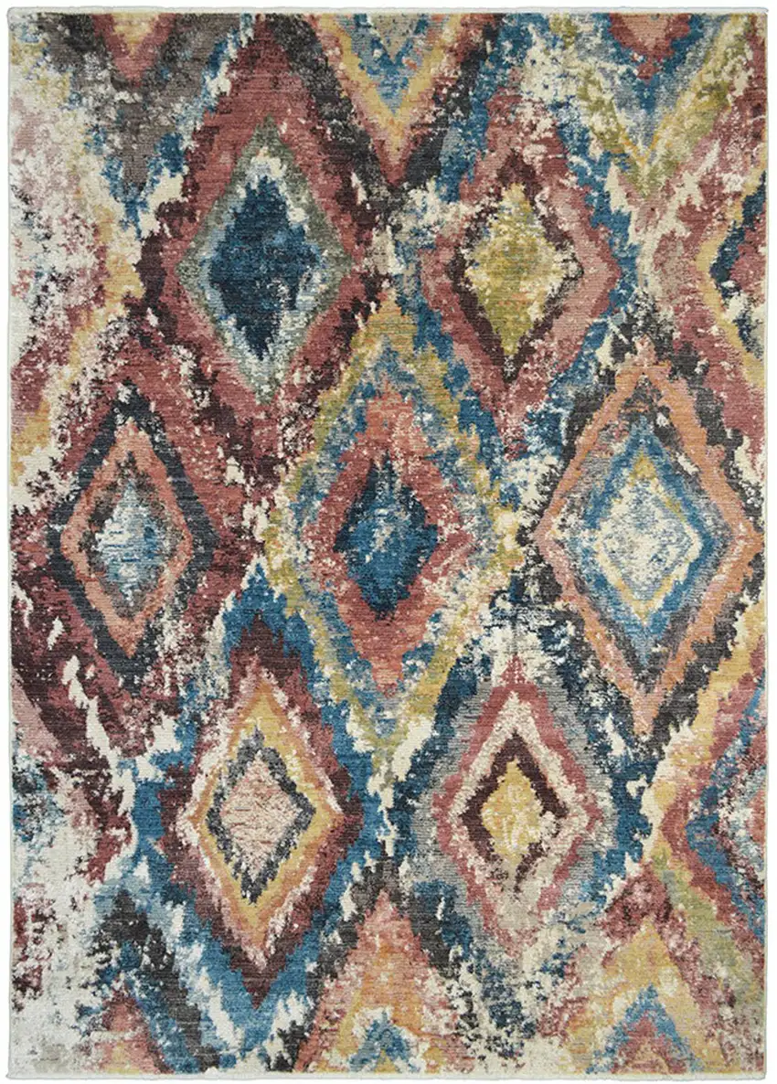 Blue Geometric Distressed Area Rug With Fringe Photo 2