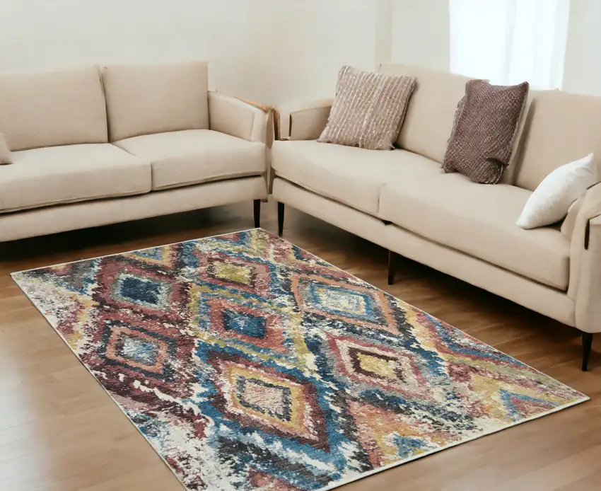 Blue Geometric Distressed Area Rug With Fringe Photo 1