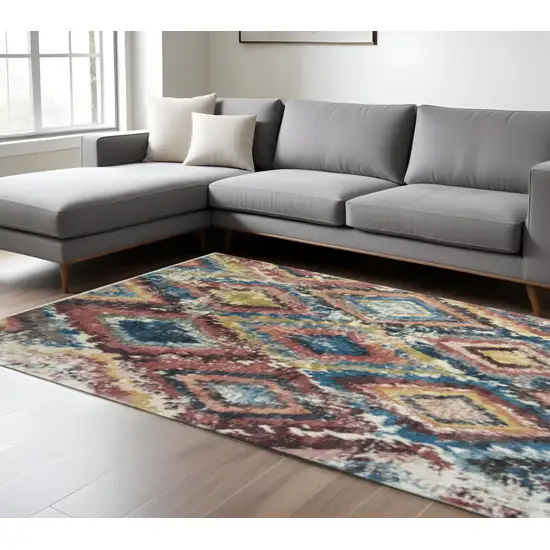 Blue Geometric Distressed Area Rug With Fringe Photo 1